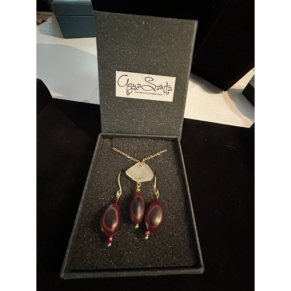 Agua Santa Costa Rican Jewelry Set Sea Glass Style Necklace Earrings Box